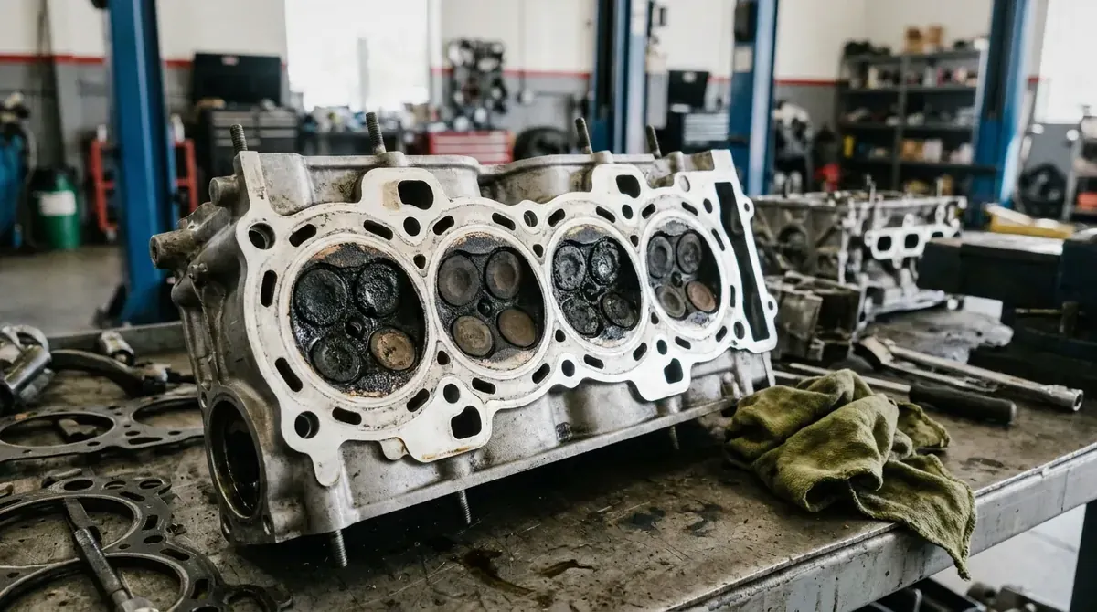 Intake valves coated in dark carbon on an engine cylinder head.