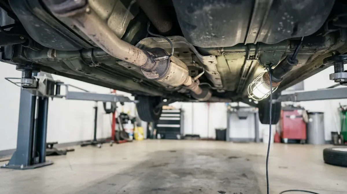 The underside of a car showing the catalytic converter and its oxygen sensors.
