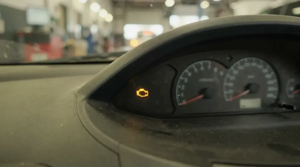 An amber check engine lamp glowing on a dark dashboard.