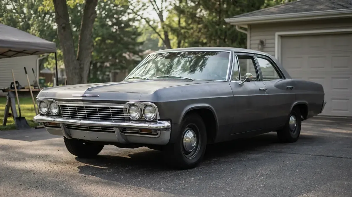 A well-kept 1960s classic car parked in a driveway.