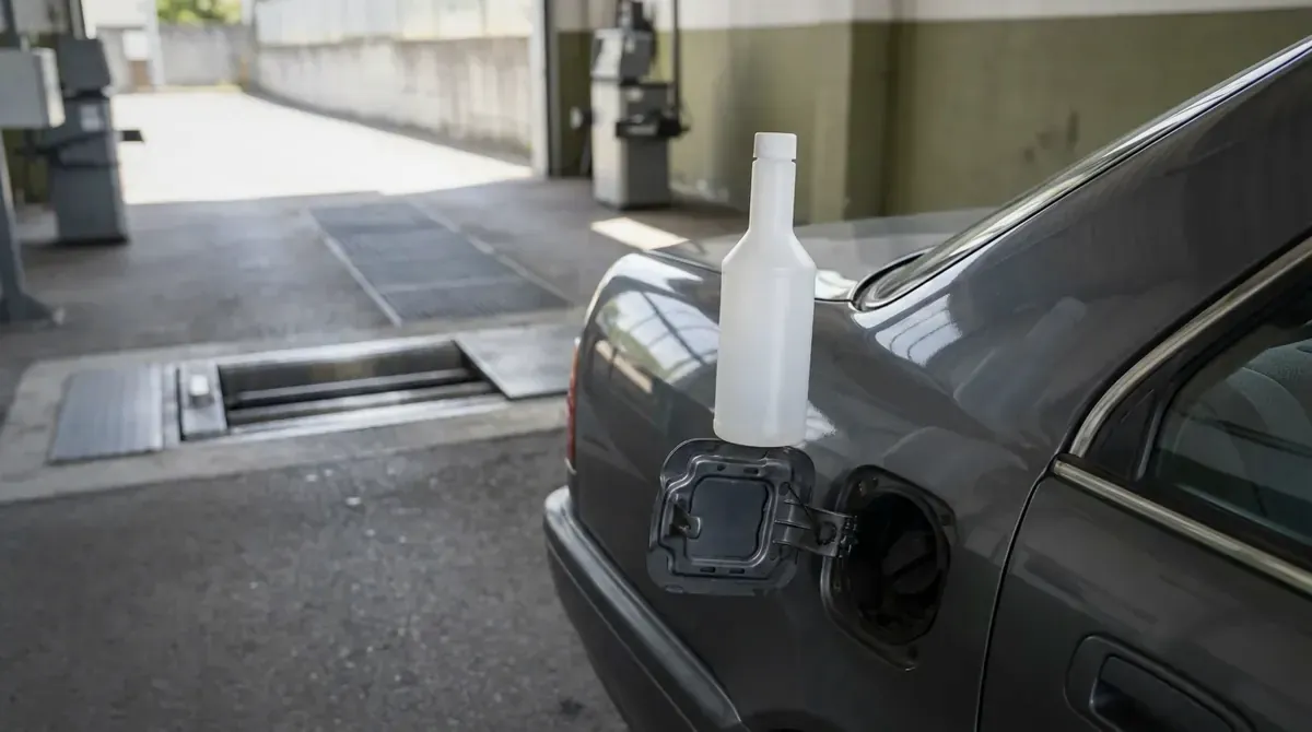 A bottle of converter cleaner standing by an open fuel door.