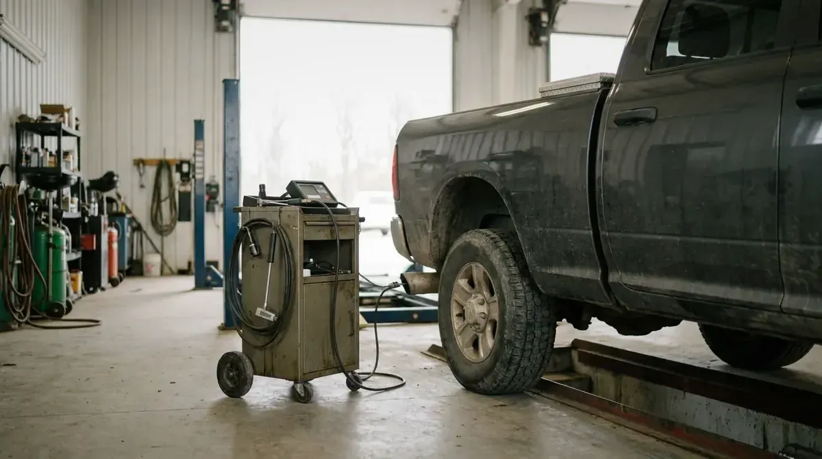 A diesel pickup in an inspection bay with a smoke meter by the tailpipe.