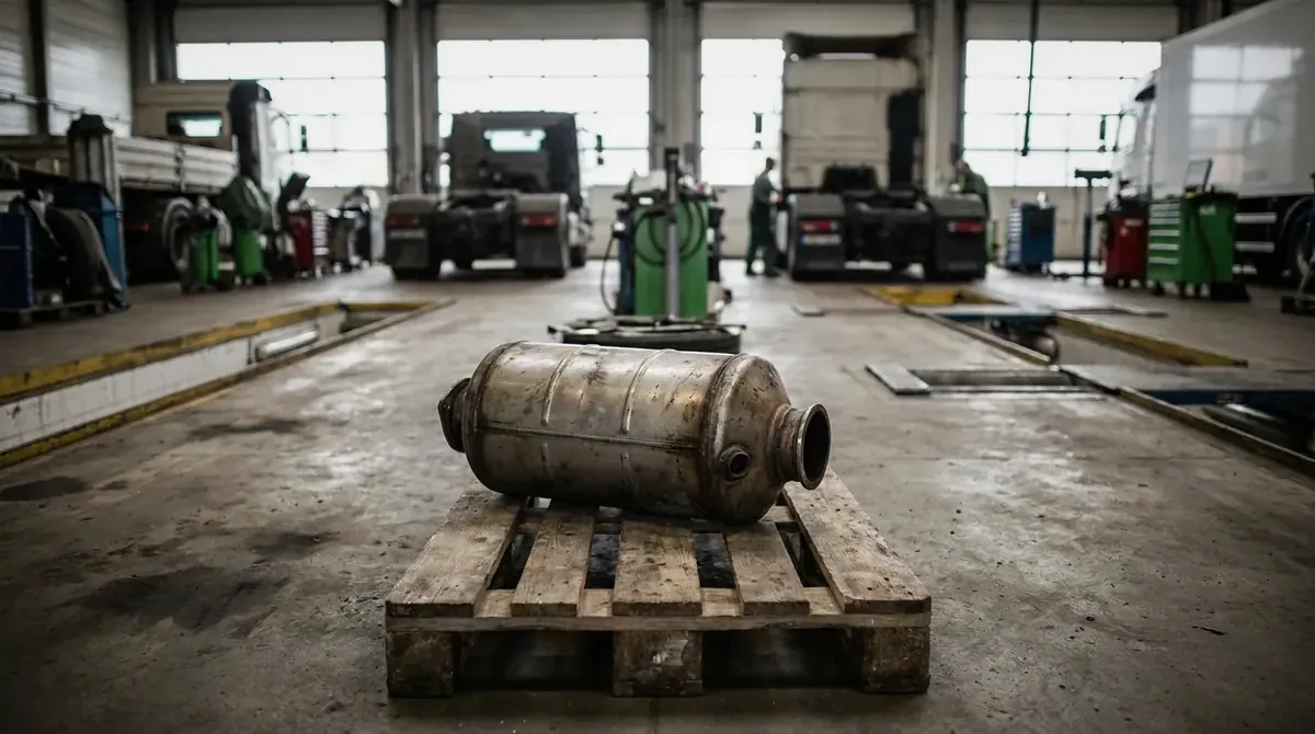 A diesel particulate filter removed from a truck, resting on a pallet.