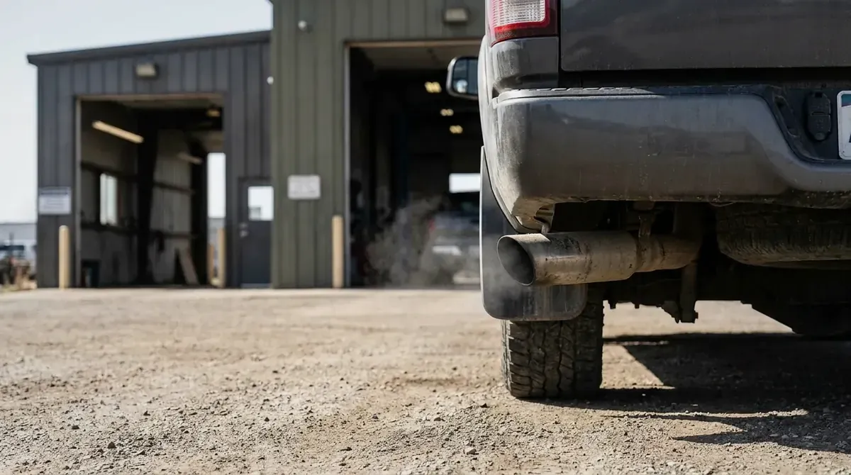 The tailpipe of a diesel pickup truck with a faint haze.