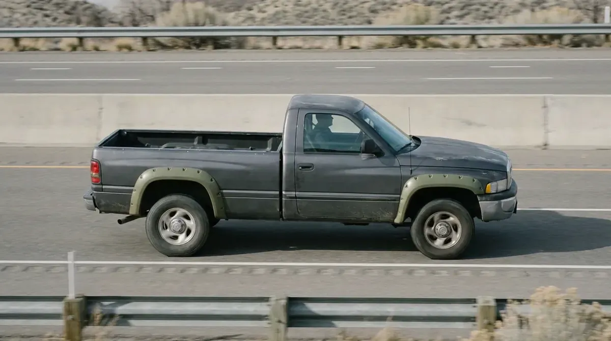 A diesel pickup driving at a steady highway speed.