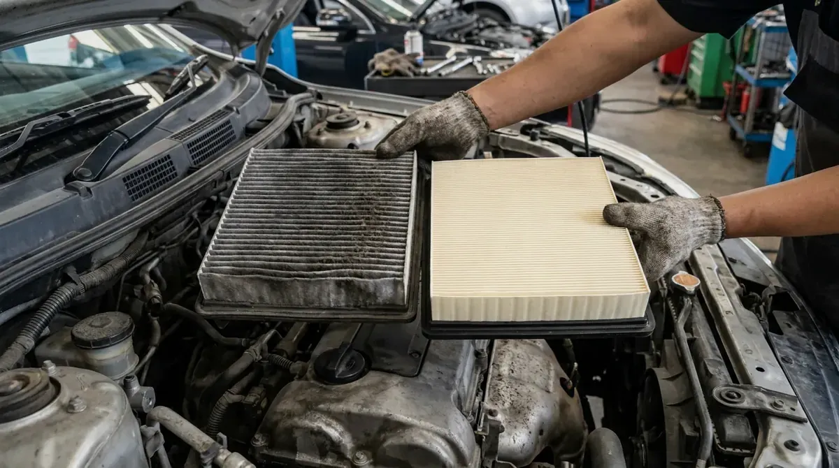 A dirty engine air filter held next to a clean new one.