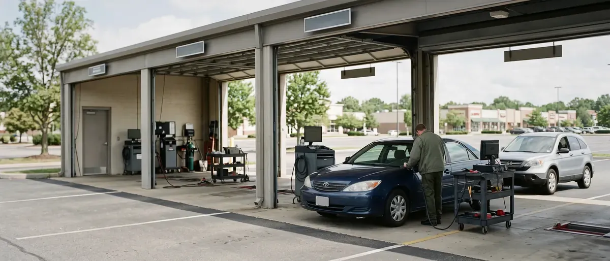Cars waiting in line at a drive-through emissions testing station with three inspection lanes.