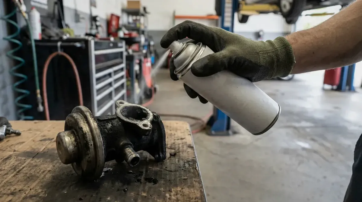 A gloved hand spraying cleaner onto a carbon-coated EGR valve.