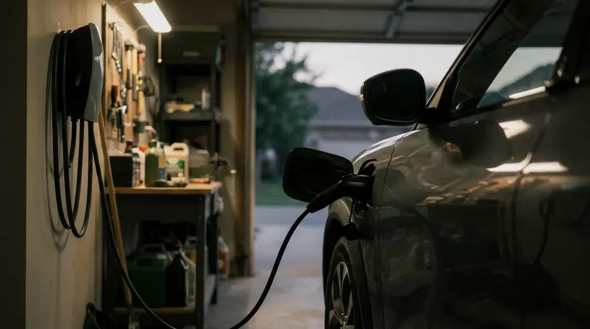 An electric car plugged into a wall charger in a home garage.