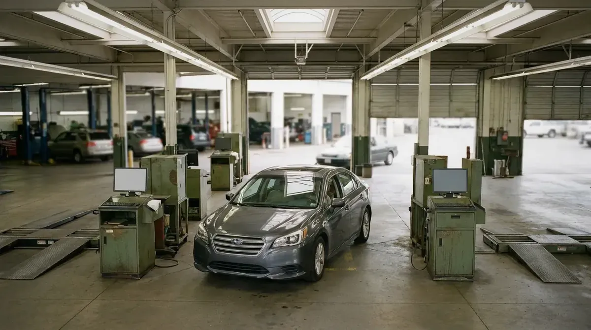 A car pulling into a drive-through emissions inspection lane.