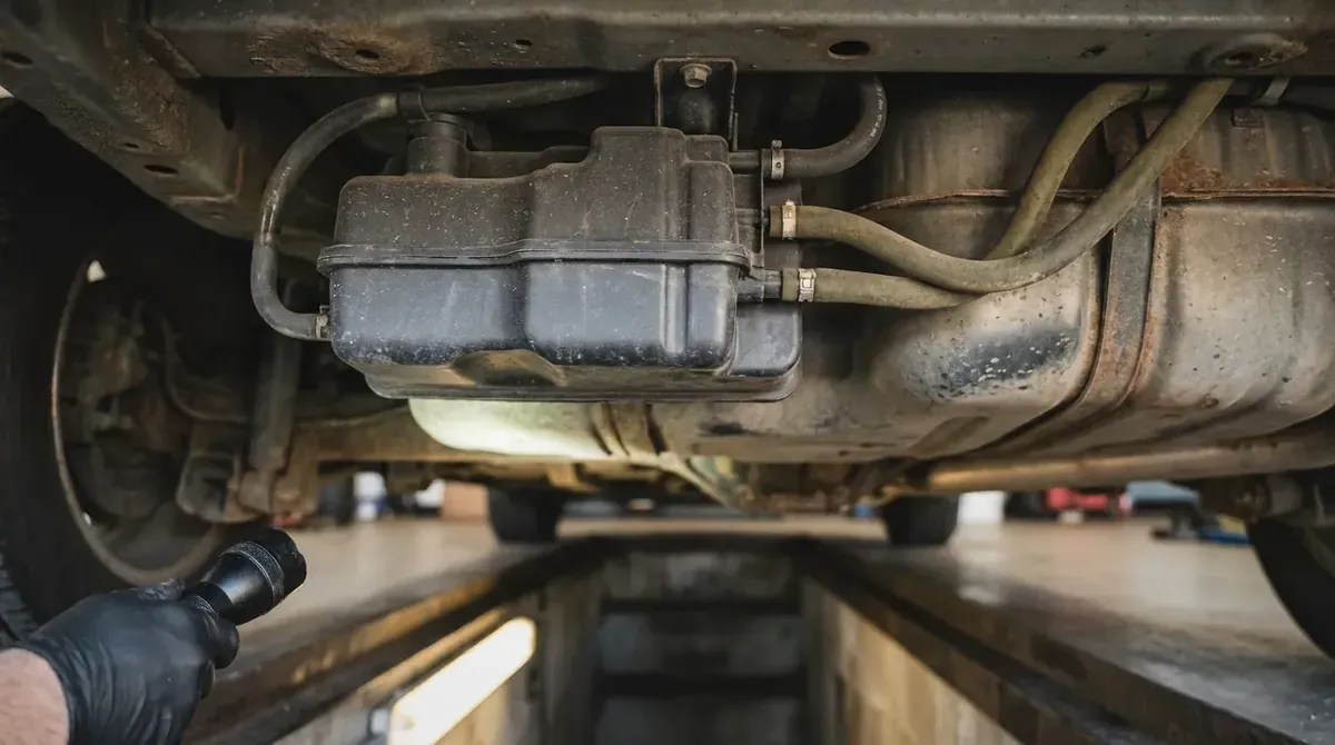 The charcoal EVAP canister and its hoses near a car fuel tank.