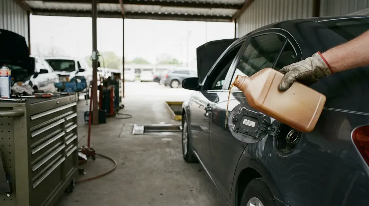 Fuel system cleaner being poured into a car fuel filler.