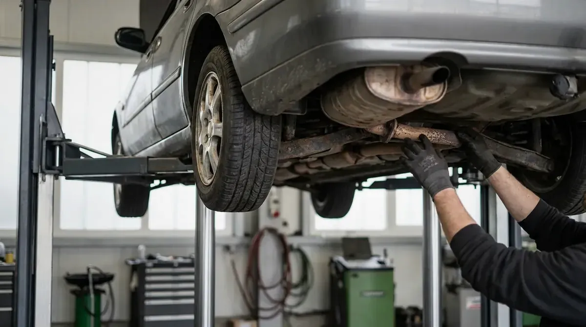 A mechanic inspecting the exhaust and catalytic converter of a car on a lift.