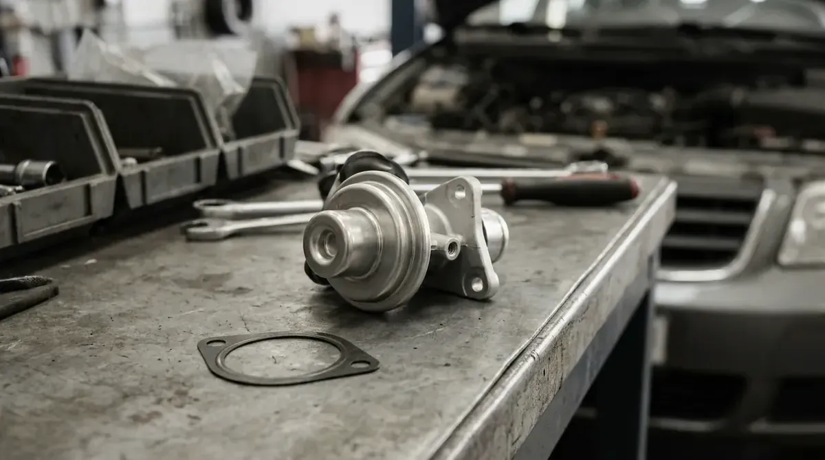 A new EGR valve with its gasket on a parts counter.