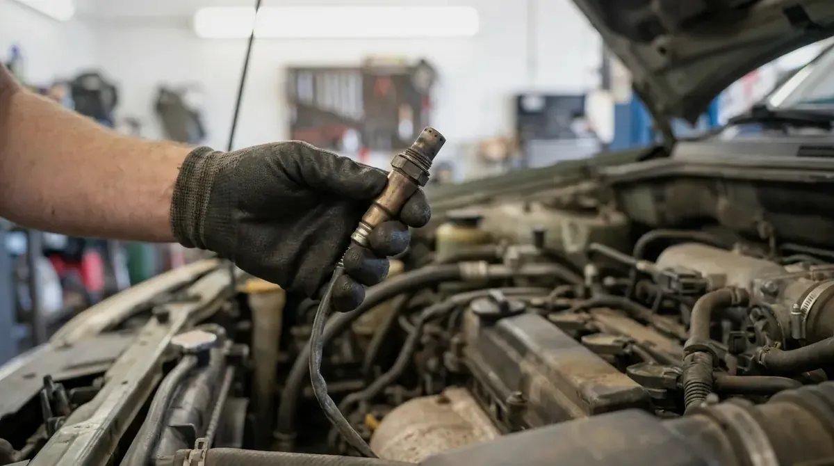 A gloved hand holding a removed oxygen sensor over an engine bay.