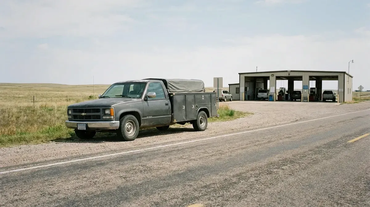 A pickup truck on a quiet rural highway under a big sky.