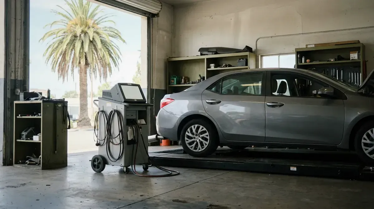 A car in a California smog check bay beside an emissions analyzer cart.