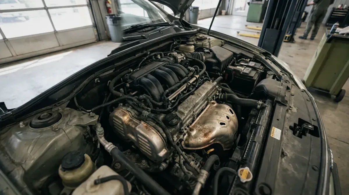 A V6 engine bay with an exhaust manifold on each bank.