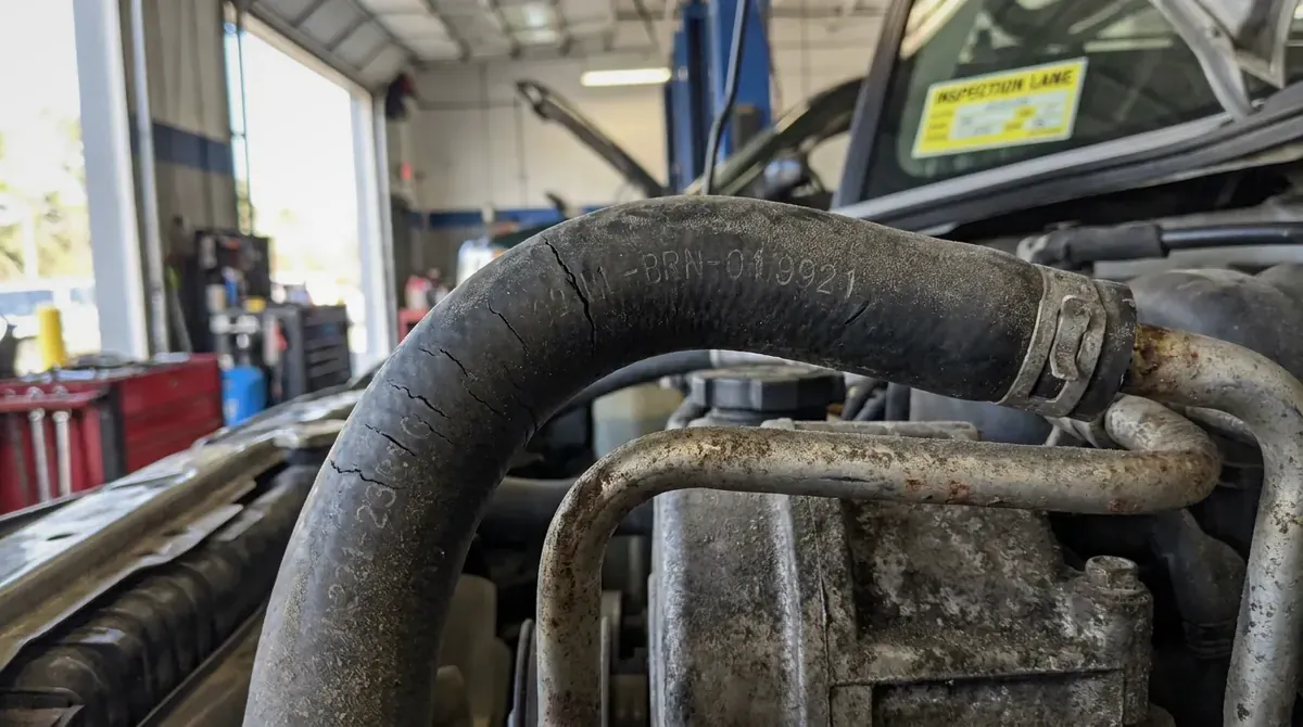 A cracked rubber vacuum hose in a car engine bay.