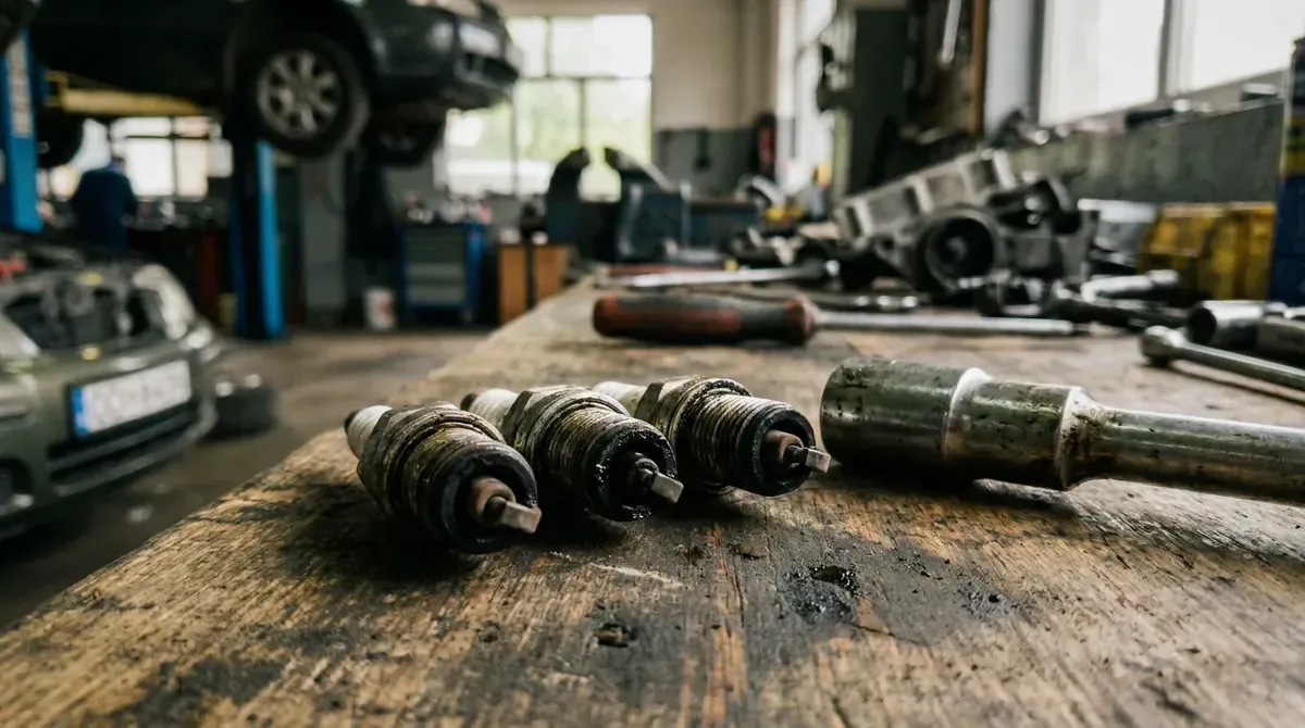 Three used spark plugs with dark deposits on a workbench.